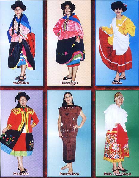 vestimentas o trajes tipicos de yarowilca, huamalies, maraon, puerto inca, 2 de mayo, ambo